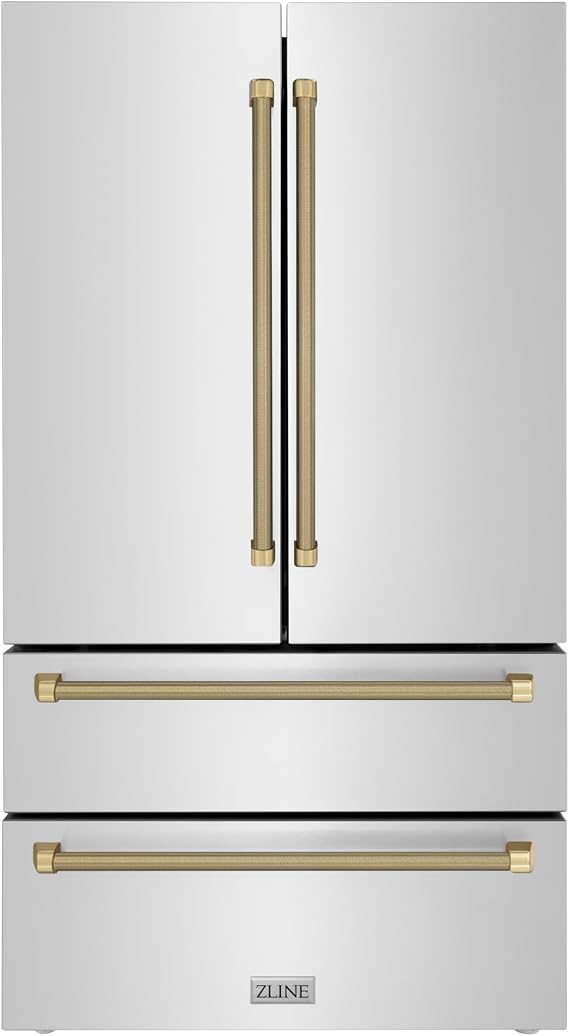 ZLINE Autograph Edition 36 in. 22.5 cu. ft. Counter-Depth French Door Refrigerator with Ice Maker in Fingerprint-Resistant Stainless Steel and Champagne Bronze Helix Handles (RFMZ-36-KCB)