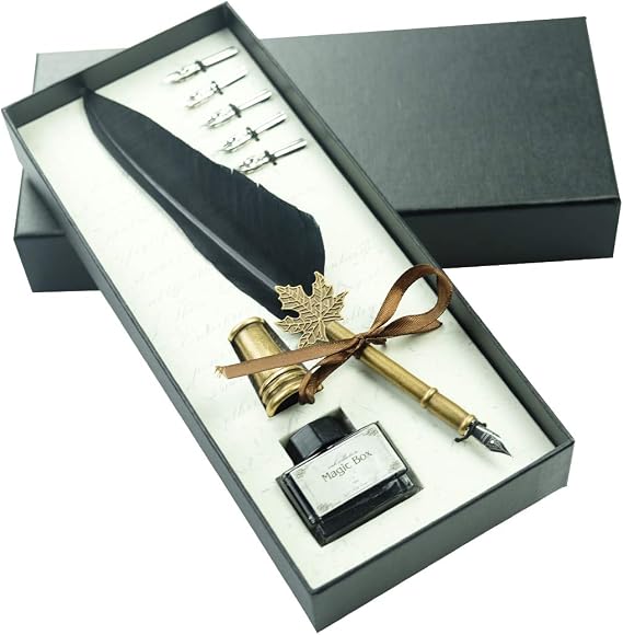 Feather Pen Antique Markstest Pen Handcrafted Retro Quill Pen Set Writing Quill Dip Pen with 5 Replacement Nibs, Pen Nib Base,Dip Ink Bottle in Gift Storage Box (black)