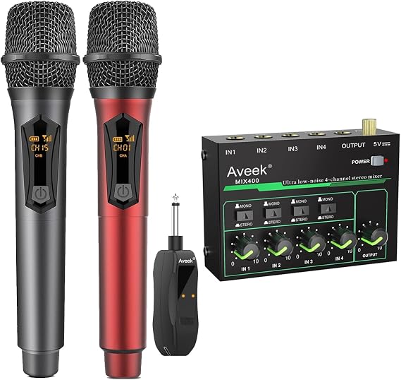 Aveek Wireless Microphone & 4 Channel Mini Line Audio Mixer