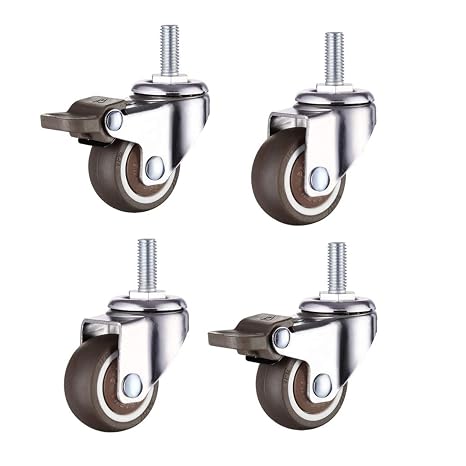 Norgail 1 Inch Small Tiny Shopping Cart Wheel Trolley Swivel Caster Wheels Soft Rubber TPE M6x 15mm Metric Threaded Mini Stem Caster Wheel (2 with Brakes), 24lb/11kg Load Capacity, Set of 4