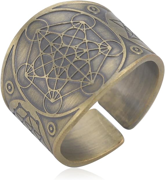 Metatron’s Cube Ring for Men,Retro Style Bronze Guard Ring,The Book of Eno Archangel Metatron Protection Statement Band,Adjustable Opening,Size 8