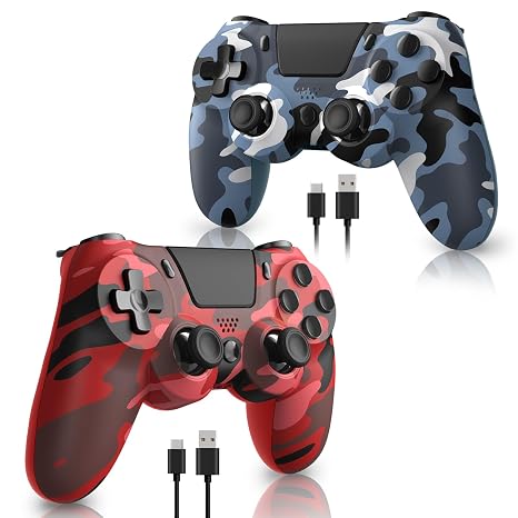 hosowe 2-Pack Wireless Controllers for PS4, Game Controllers Compatible with PS4/Pro/Slim/PC, Dual Vibration, 6-Axis Gyro Sensor, Touch Panel, Built-in Speaker & Headphone Jack, Camouflage Red & Blue