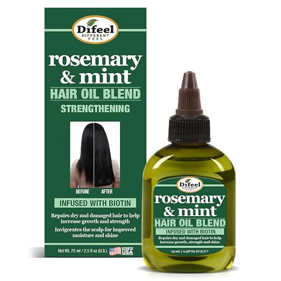 Difeel Rosemary and Mint Hair Oil Blend with Biotin - Travel Size 2.5 Ounce - Strengthening Scalp & Hair Treatment Oil, Nourishes Dry Damaged Hair, Adds Shine & Moisture