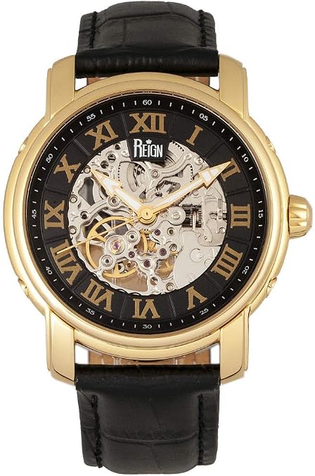 Reign Kahn Automatic Skeleton Dial Leather-Band Watch, Black, REIRN4305