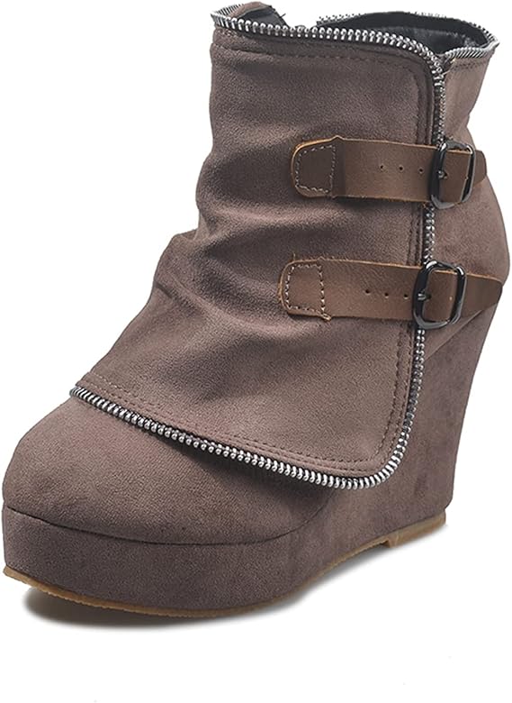 ZBYY Women's Suede Wedges Ankle Boots Slip-On Wedges Platform Dress Shoes Round Toe Wide Width Buckle Combat Short Booties