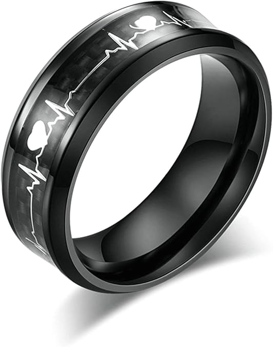 Classical Stainless Steel for Men Carbon Fiber Ring with Hearbeat Pattern 8mm Anniversary Ring