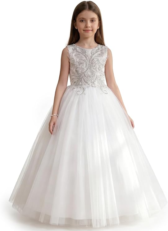 ABaoWedding Girls White Flower Girl Dress, Elegant Lace Tulle Ball Gown for Pageant, First Communion