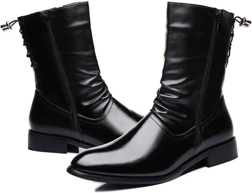 Men's Combat Boots with Side Zipper Lace Up Mid Calf Boots Low Heel Motorcycle Riding Short Boots for Men