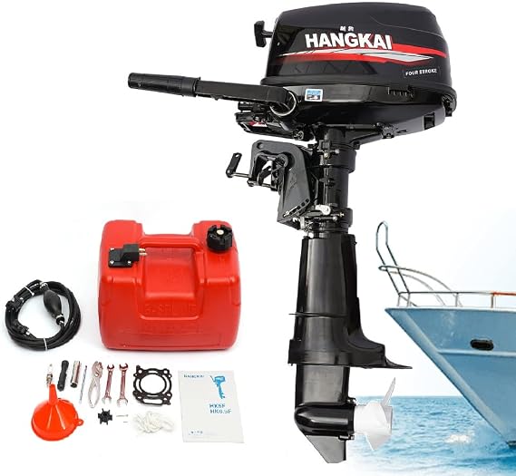 6.5HP 4 Stroke Hangkai Outboard Motor 123CC Aluminum Heavy Duty Boat Motor with Water Cooling System Fishing Boat Engine with Fuel Tank (4 stroke 6.5HP Motor+tank) black