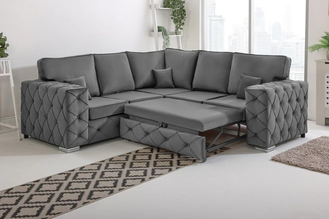 Sofahub Milton Grey Plush Velvet Pull Out Corner Sofa Bed for Living Room - Comfortable Couch with Foam Cushions - 2C2 Corner Sofa - Fullback Grey