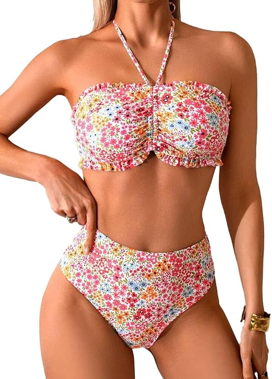 Women's Bandeau High Waisted Bikini Sets-2 Piece Swimsuit with Full Coverage Bottom Cute Bathing Suit