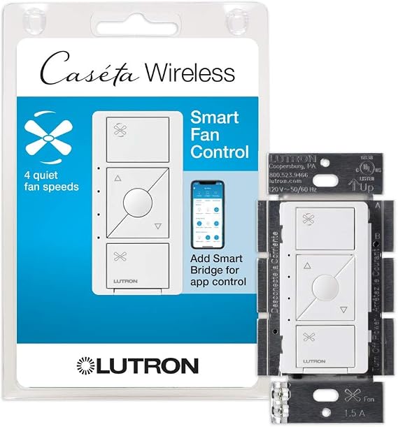 Lutron Caseta Wireless Smart Fan Speed Control Switch, Single-Pole, PD-FSQN-WH, White