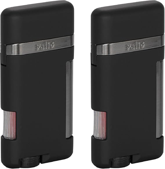 Palio Lazio Single Angled Jet Flame Cigar Lighter Refillable Adjustable Torch Flame Wind Resistant Slim Pocket Wallet Friendly Simple Functional Durable Metal Body (Black) Pack of 2