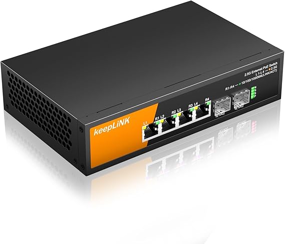 6 Port 2.5G PoE Switch Unmanaged, 4 x 2.5G Base-T PoE Ports @72W, 2 x 10G SFP, IEEE802.3af/at, Metal Housing Fanless Desktop or Wall Mount