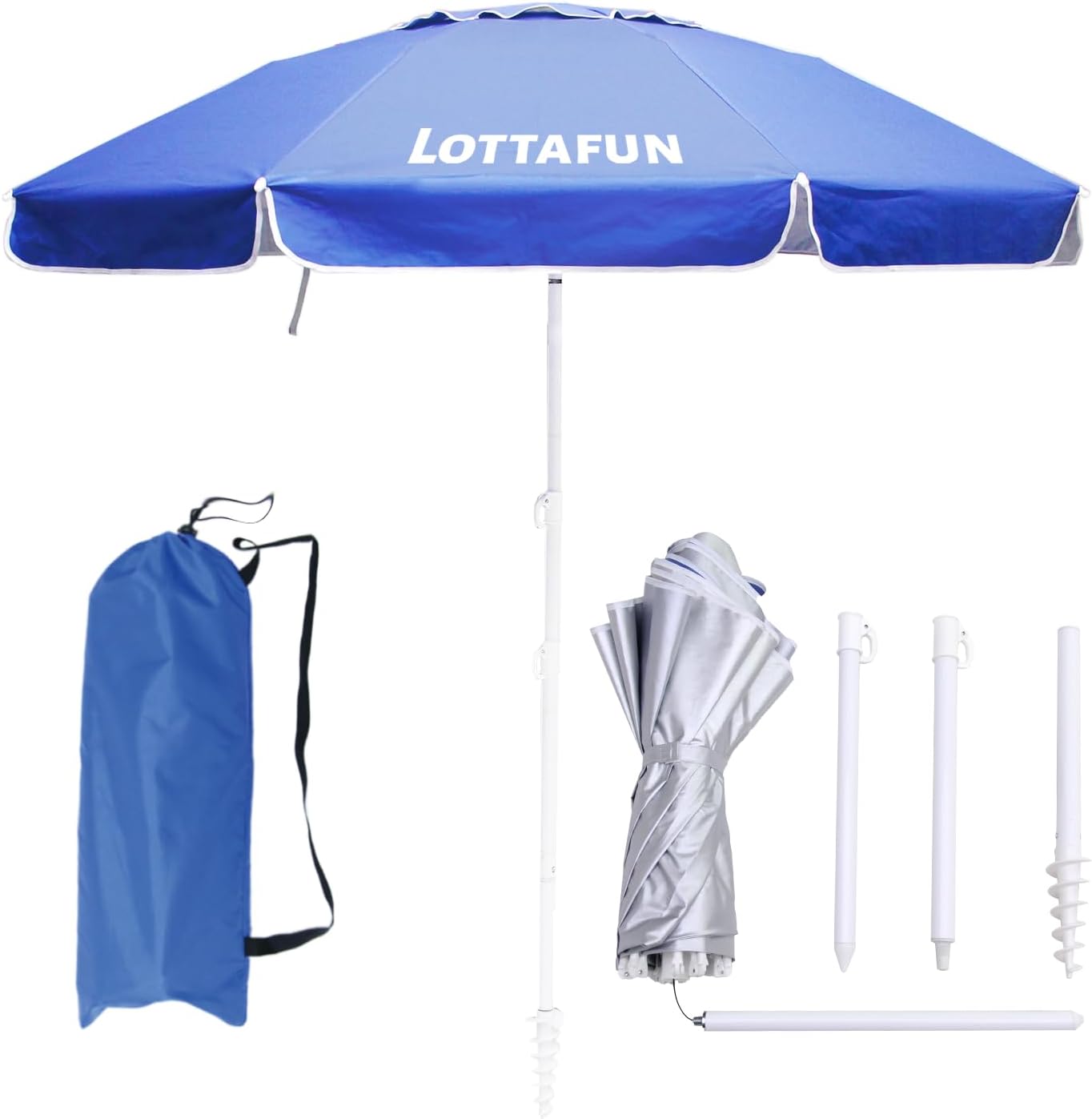 LOTTAFUN Striped Beach Umbrella, Blue and White Pattern, Sun Protection