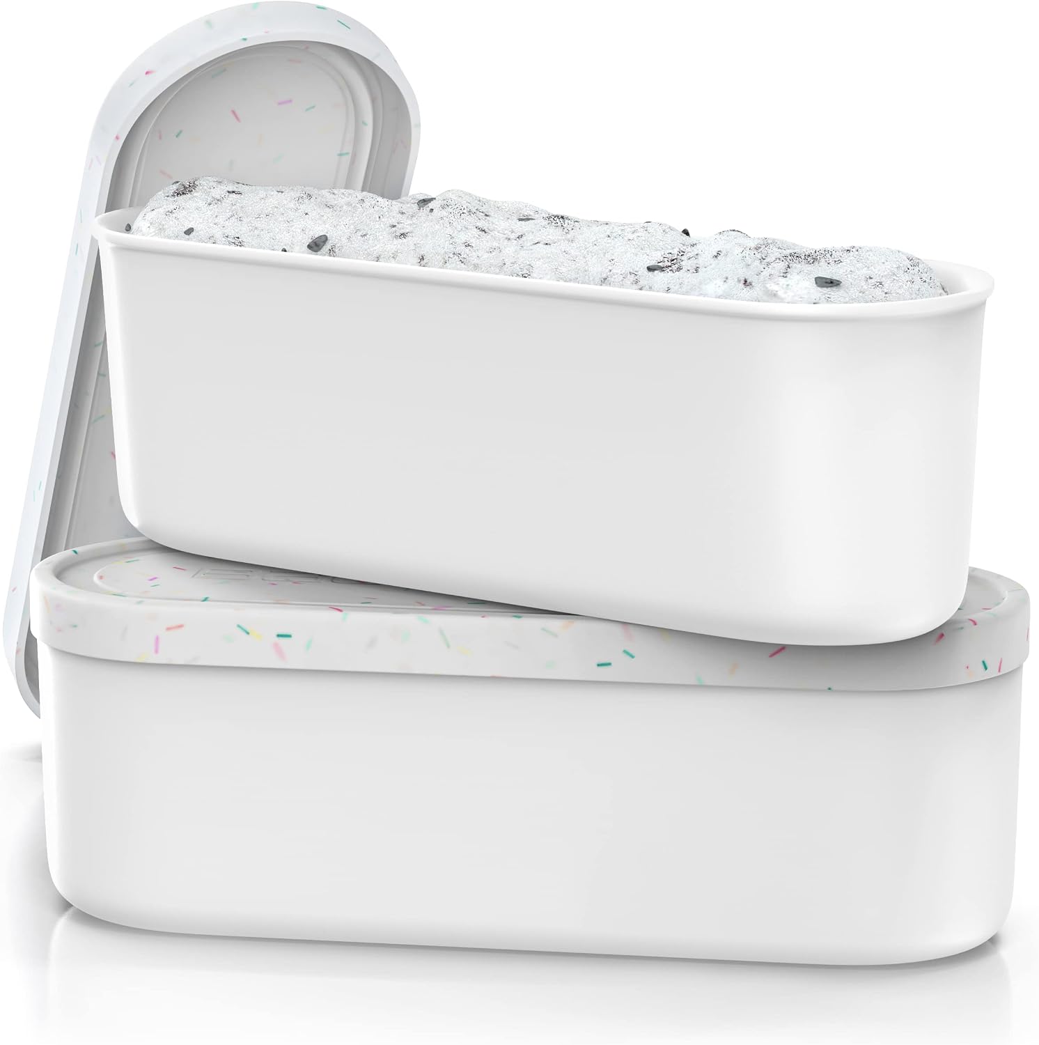BALCI Ice Cream Containers 2 Quart Set of 2 Reusable Freezer Storage for Sherbet Frozen Yogurt Gelato with Flexible Silicone Lids Long Scoop Stackable White Sprinkles