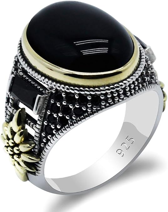 Solid 925 Sterling Silver Ring for Men Onyx Stone Ring Turkish Handmade Agate Silver Luxury Vintage Men's Ring (Black, 7)