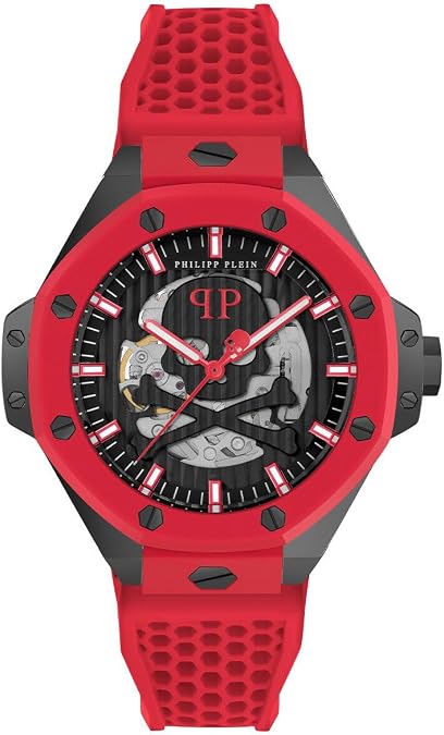 Philipp Plein Plein $keleton Royal Collection Luxury Mens Watch Timepieces with a Red Strap Featuring a Black Case and Dial