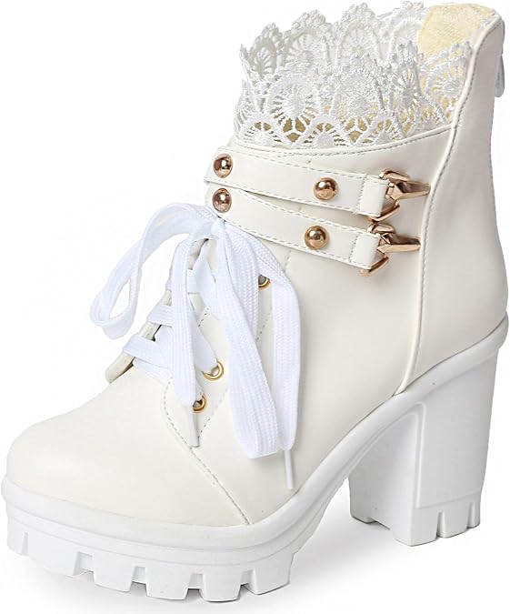 MEOTINA Women Platform Boots Black Chunky Heel Ankle Booties Lace Buckle Combat Boots with Zipper High Heel Goth Shoes