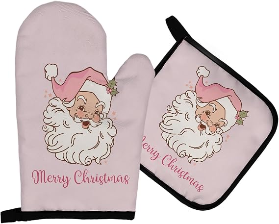 Mingnei Pink Christmas Santa Xmas Oven Mitts and Pot Holders Sets, Merry Christmas Cute Santa Heat Resistant Hot Pads Kitchen Decor for Cooking Baking BBQ,Pink Christmas Oven Glove Set Kitchen Gifts