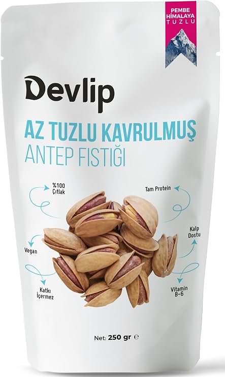 Devlip Pembe Himalaya AZ TUZLU Kavrulmuş Antep Fıstığı, 250 Gram, Kilitli (Aç-Kapa) Ambalaj, Vegan,%100 Çıtlak