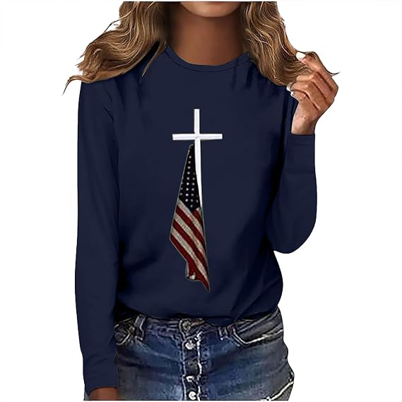 Womens Christian Faith Shirts Casual Crewneck America Flag Graphic T-Shirts Long Sleeve Criss Cross Religion Tops