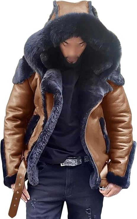 DGHM-JLMY Mens Bomber Hooded Shearling Coat Fur Hooded Sherpa Lined Jacket Faux Fur Lapel Collar Leather Jackets