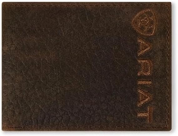ARIAT Men's Bull Hide Leather Bifold Wallet, Embroidered Logo, Dark Brown