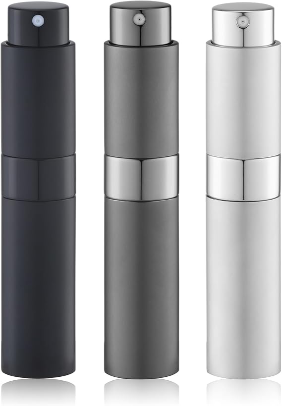 Lulupack 10ml 香水アトマイザー 3個、ケルンスプレーボトル、旅行用詰め替え可能なポータブルスプレーブラック、シルバー、グレー
