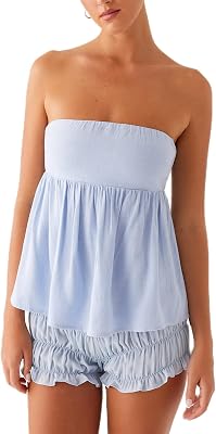 Womens Summer Ruffle Tube Tops Y2k Sleeveless Strapless Solid Color Loose Crop Bandeau Tops Casual Peplum Shirts