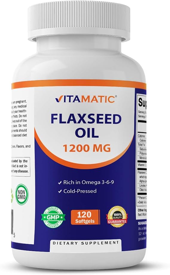 Vitamatic Flaxseed Oil 1200 mg, Omega 3-6-9, 120 Softgels | Cold Pressed, Support Vascular, Healthy Skin & Hair, and Joint Support, Non-GMO, Gluten Free