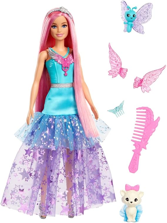 Barbie Doll with 2 Fantasy Pets & Dress, Malibu Doll Inspired by the Movie a Touch of Magic, 7-inch Long Hair