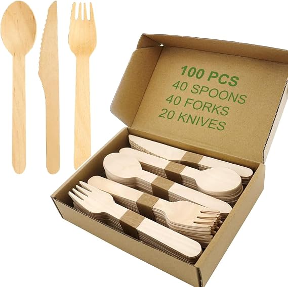 Disposable Wooden Cutlery Set - Alternative to Plastic, Eco Friendly, Biodegradable, Compostable Cutlery Pack, Natural Disposable Utensils Set (Wooden Cutlery Set 100 Pcs)