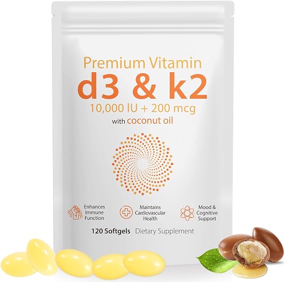 Vitamin D3 K2 120PCS with Coconut Oil, K2 D3 Vitamin Supplement, Fast Absorption, D3 K2 Vitamin 10000 iu, Non-GMO