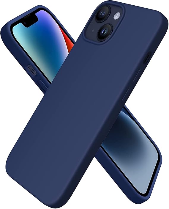 URUCHI iPhone 14 ile Uyumlu Kılıf, İçi Kadife Kaplamalı İnce Sıvı Silikon Tam Koruma Yumuşak Jel Silikon Kapak, Lacivert