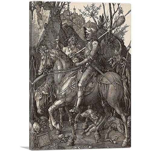 ARTCANVAS Knight, Death and the Devil Canvas Art Print Stretched Framed Painting Picture Poster Giclee Wall Decor by Albrecht Durer - 12 x 8 0.75 Deep