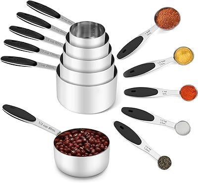 Joyhill Stainless Steel Measuring Cups and Spoons Set of 10 Piece, Nesting Metal Measuring Cups Set with Soft Touch Silicone Handles for Dry and Liquid Ingredients, Cooking & Baking Black