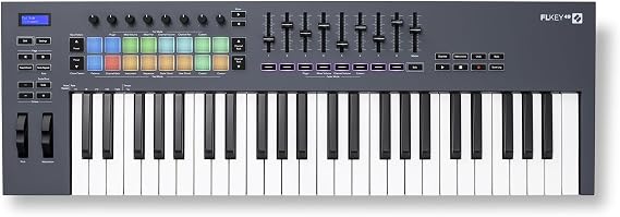 Novation FLkey 49 USB MIDI Controller Keyboard | USB-C, 49 Semi-Weighted Keys, 16 Pads, Faders, 8 Encoders, Pitch/Mod Wheels, Scale Mode, 5-Pin MIDI Out, FL Studio