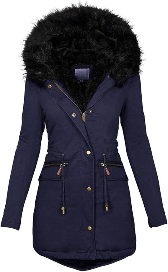 Womens Winter Coats with Fur Hood Fleece Thick Jackets Casual Slim Outerwear Solid Color Warm Tops with Pocket