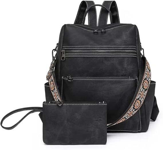 Backpack Purse for Women, Waterproof PU Leather Back pack, Lightweight Fashion Multipurpose Convertible Travel Backpack Purse Shoulder Bag Handbag, Black