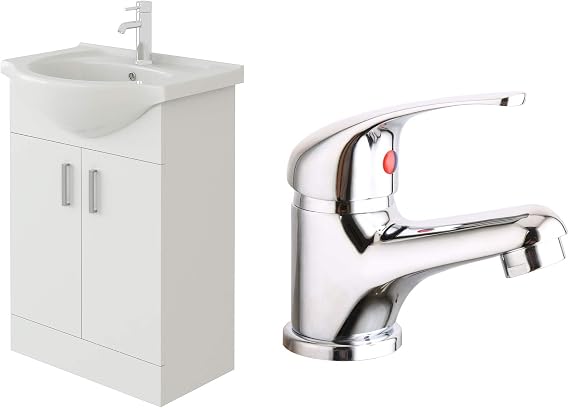 VeeBath Linx 550 Vanity Unit with Ceramic Wash Basin Sink and Mono Mixer Tap, Floor Standing, Soft Close Doors Bathroom Storage Cabinet- White (Flat Pack)