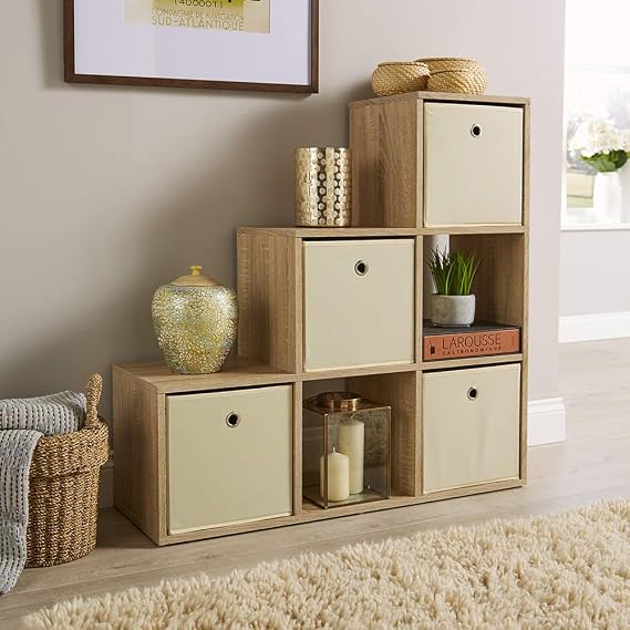 Home Source Step Style Storage 6 Cube Bookcase Wooden Display Staircase, Oak Effect