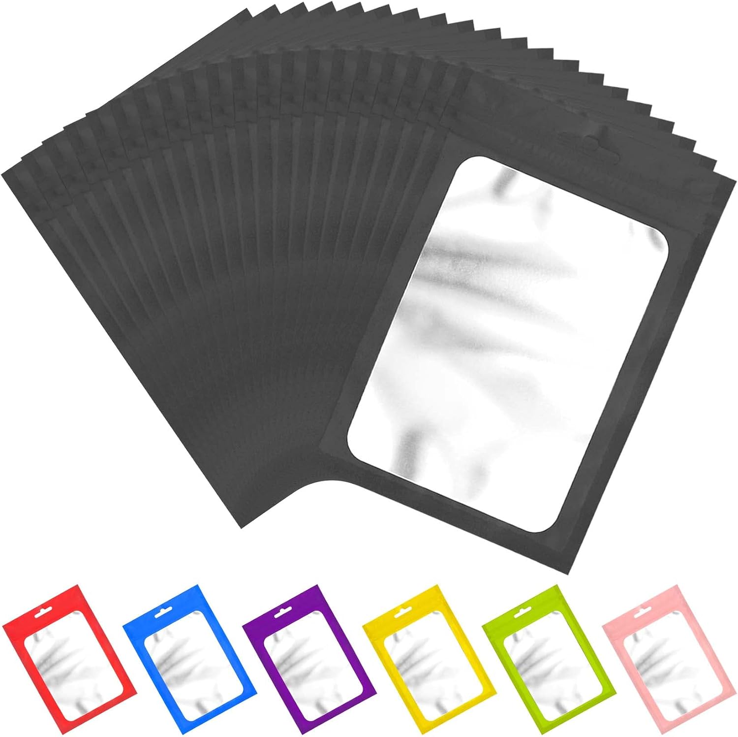 100 Pieces Resealable Mylar Bags with Zipper and Clear Window Smell Proof Packaging Bag Foil Pouch Zipper Bags for Food Self Sealing Storage Supplies Black, 3.14x5.11 inches