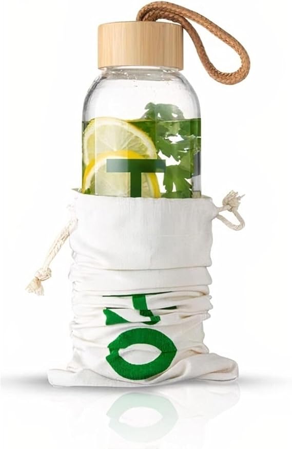 Borosilikat Cam Su Şişesi, 600 ml, Bambu Kapaklı, Isıya Dayanıklı, Bulaşık Makinesinde Yıkanabilir