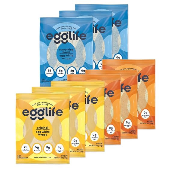 egglife egg white wraps, Fan Favorite Variety Pack, Egg White Wraps, 54 Total Wraps (9 - 6 Packs) Contains: Original, Southwest and Everything Bagel - Gluten Free, Dairy Free, No Flour, Sugar Free, Keto Friendly, Paleo, Low Net Carb, Protein Packed