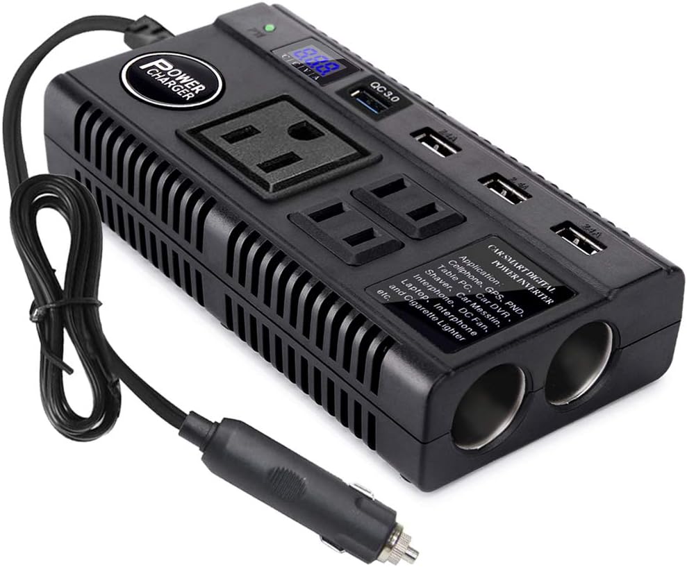 Car Power Inverter 120W DC 12V 24V to AC 110V Car Charger Adapter with 3 AC Outlets Dual Cigarette Lighter 4 USB Ports Charger Quick Charging 3.0 for Phones Tablets Laptops Kindle Black