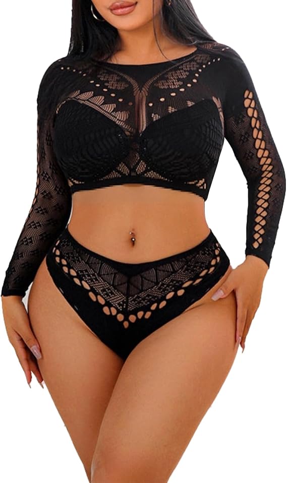 Long Sleeve Fishnet Lingerie Sets for Women Sexy Tops and Thongs Lace Bikini Beach Cover Up Two Piece Nightwear