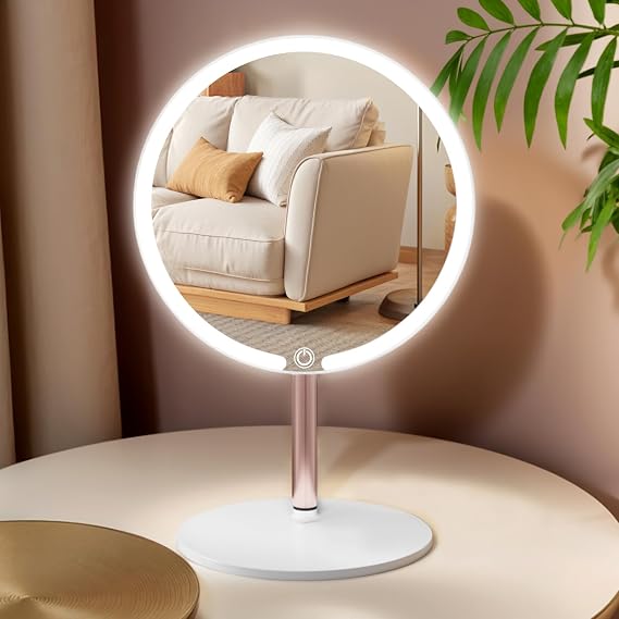Round Makeup Mirror with Lights, Rechargeable, 3 Color Modes, Dimmable