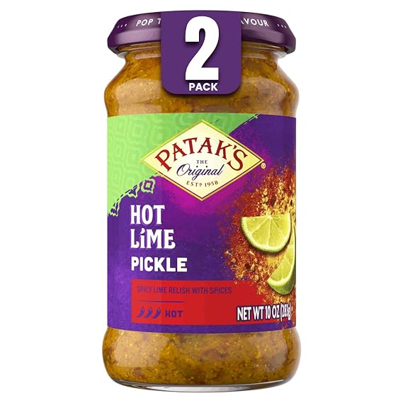 Pataks Hot Lime Pickle - Authentic Indian Relish w/Lime Dices, Mustard Seeds & Aromatic Spices - Perfect for Sandwiches, Curries, Salads & Cold Meats - Vegan Spicy Pickle - 10oz Jar (Pack of 2)