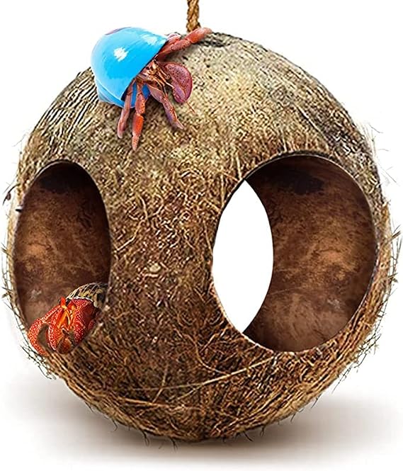 SunGrow Hermit Crab Hut Cozy Crabitat Coconut Shell with Hanging Loop and Climbing Accessory